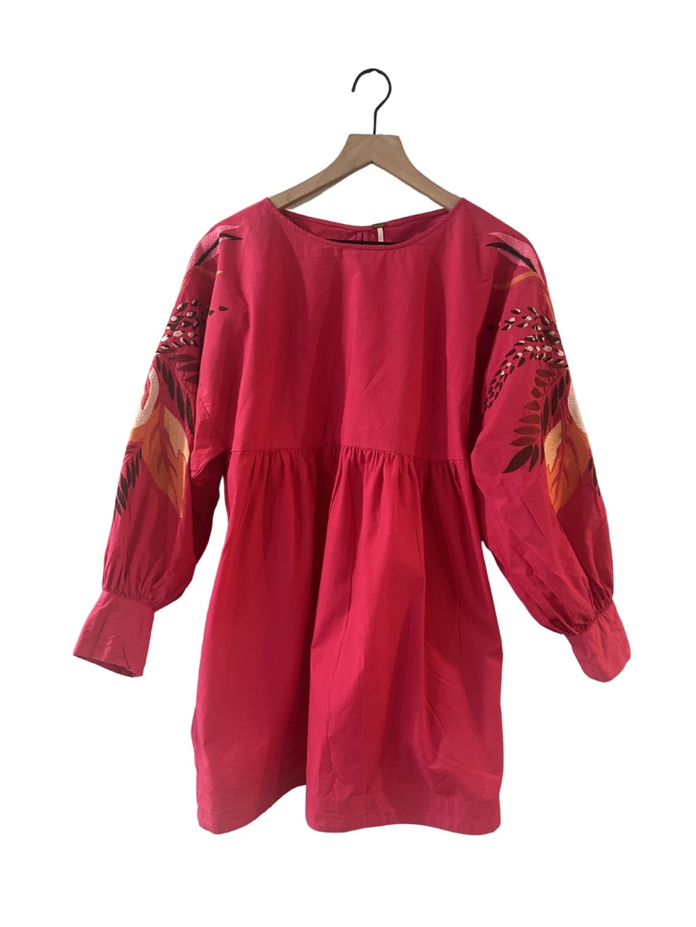 Free People Hot Pink Cotton Embroidered Balloon Sleeve Open Back Mini Dress